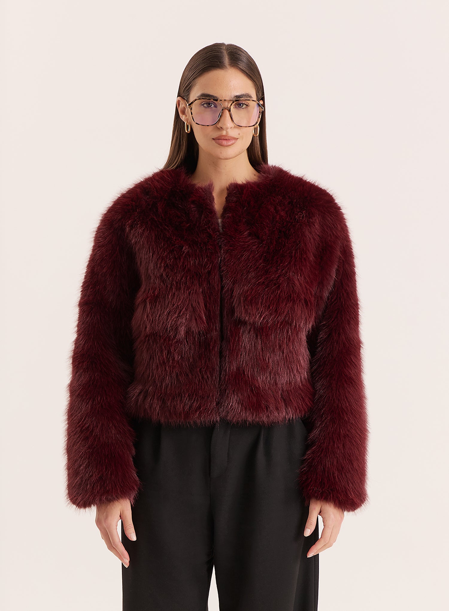 Burgundy Faux Fur Cropped Jacket